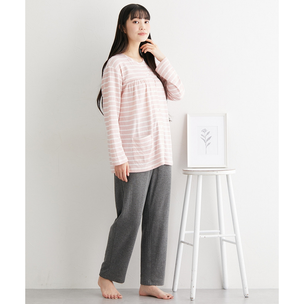 肌側綿100% やわらか接結スナップボタン前開きルームウェア上下セット5