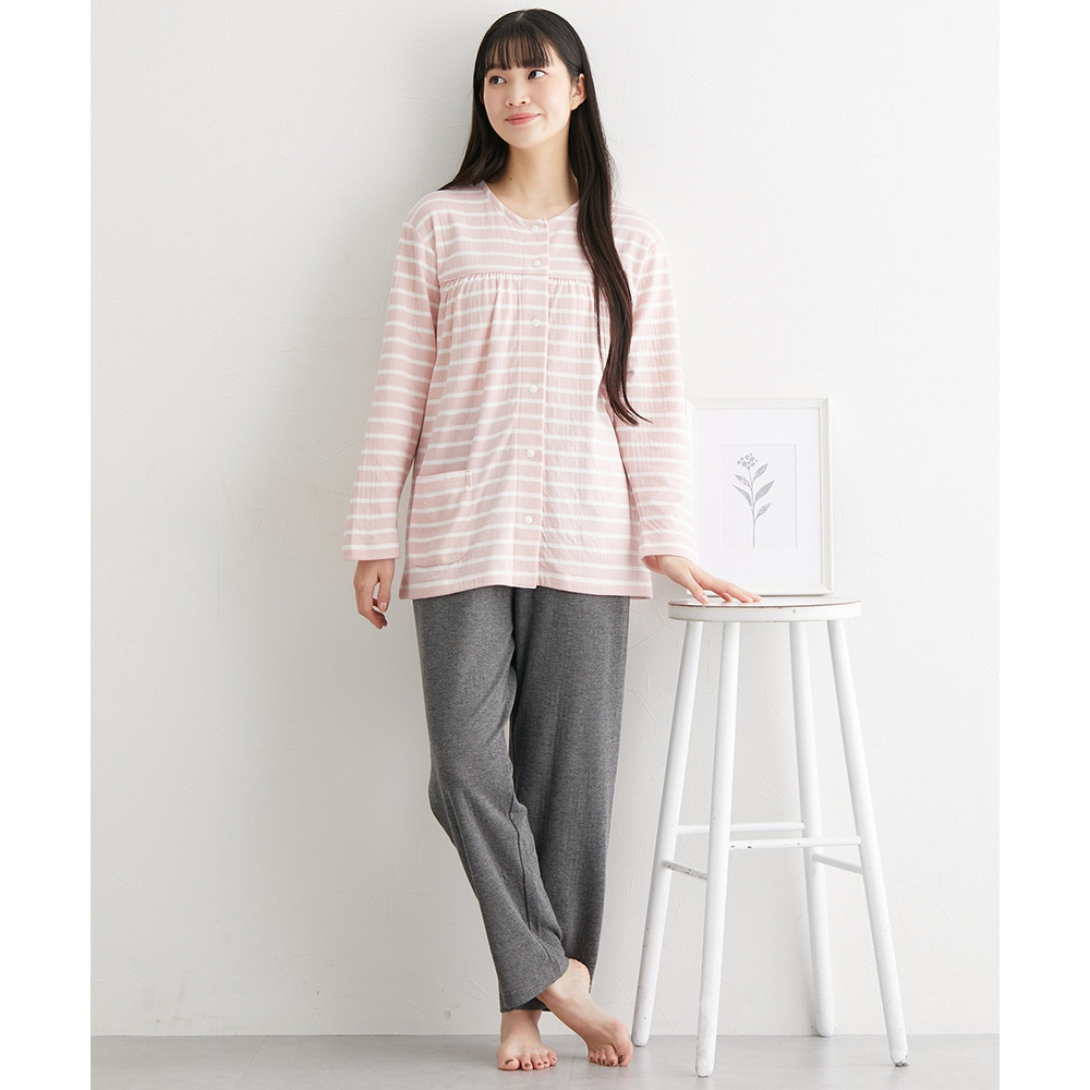 肌側綿100% やわらか接結スナップボタン前開きルームウェア上下セット6