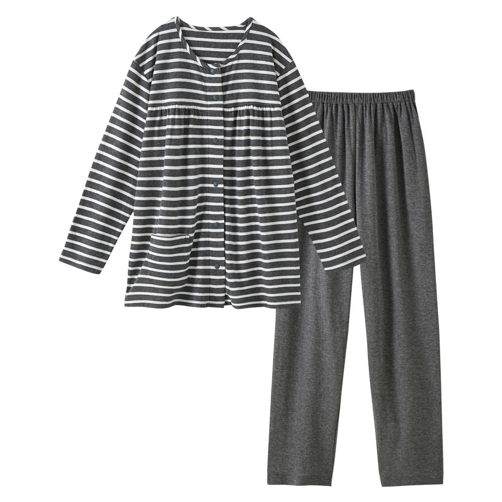 肌側綿100% やわらか接結スナップボタン前開きルームウェア上下セット1