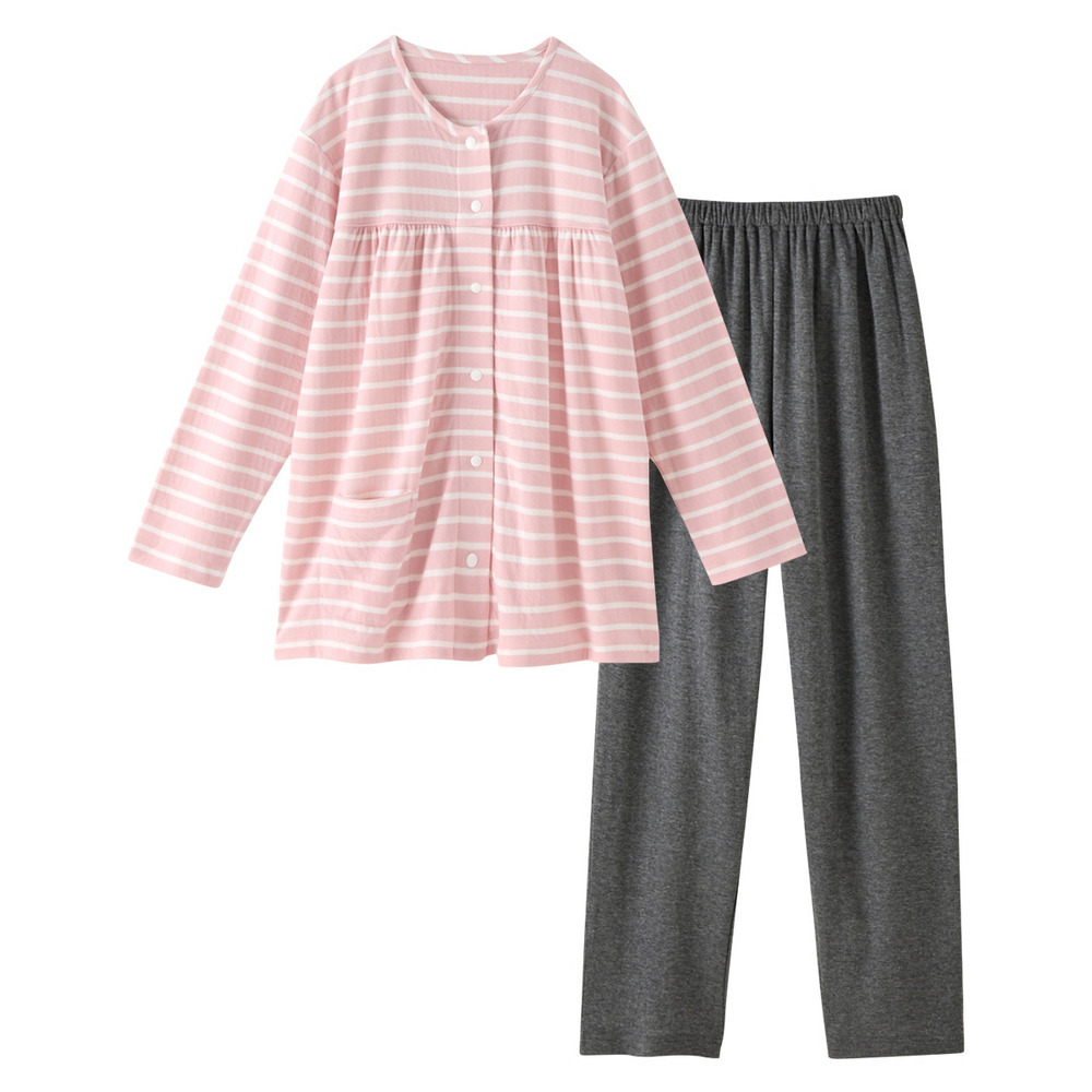 肌側綿100% やわらか接結スナップボタン前開きルームウェア上下セット1