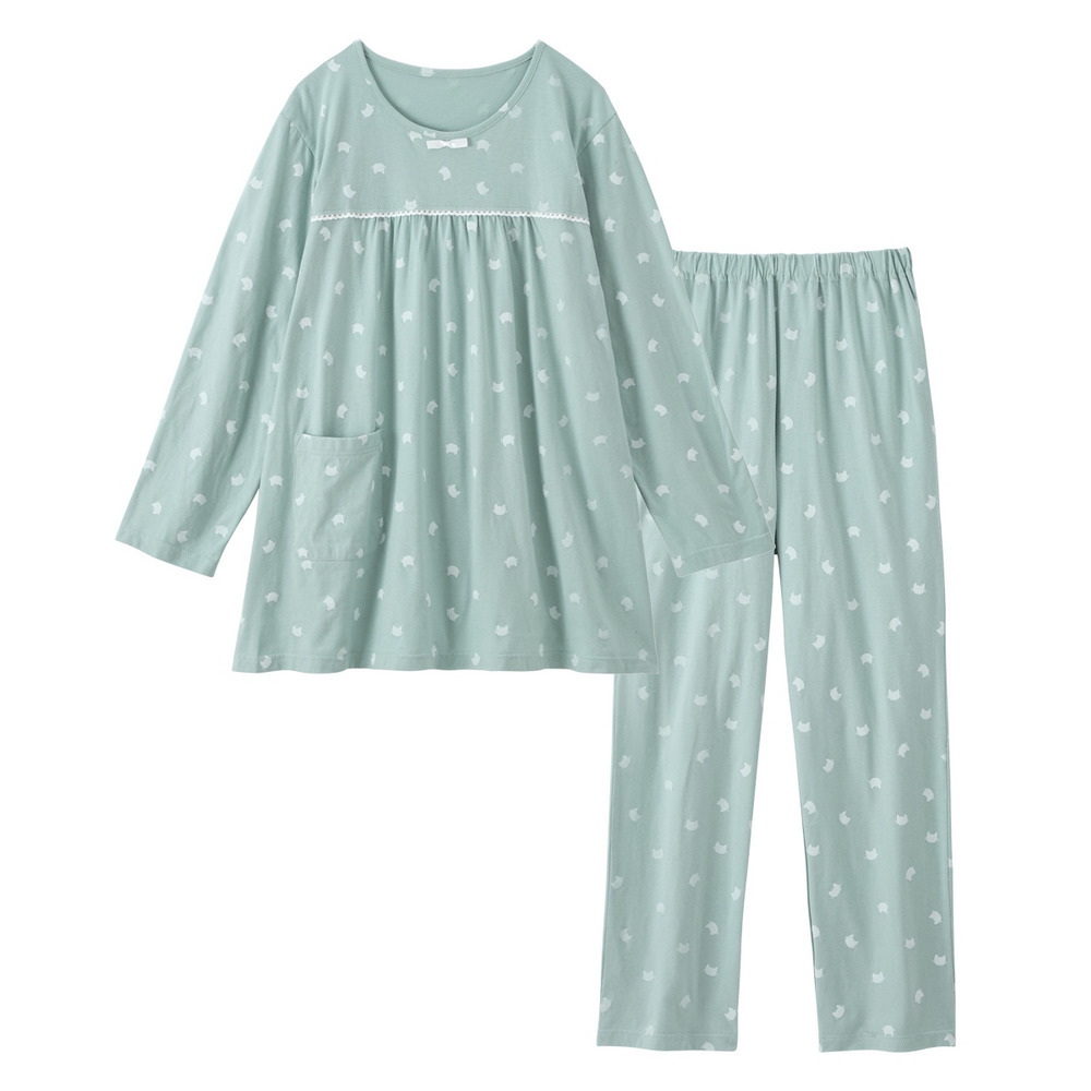 夏の綿100%パジャマ 薄手がうれしい長袖ルームウェア上下セット1