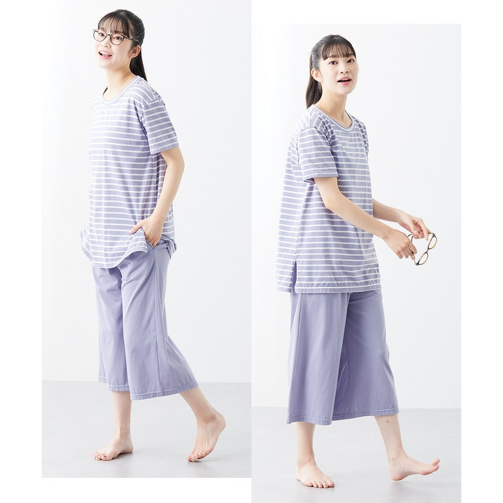 こだわりの着丈長め綿混ボーダールームウェア上下セット10