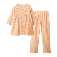 綿100％ポコポコサッカー　前開き7分袖ストライプ柄パジャマ