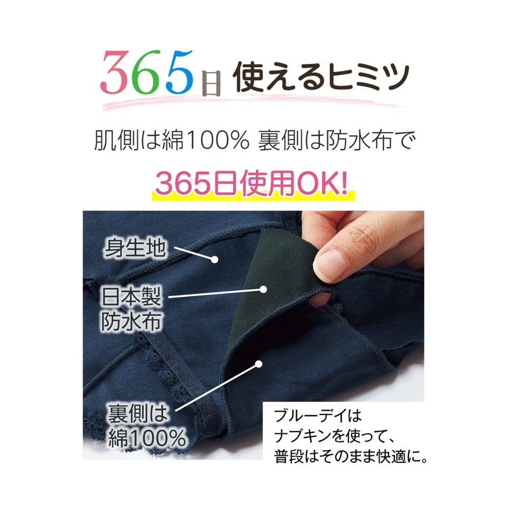 【365日使える】抗菌防臭加工・ムレにくい　綿混ストレッチ深ばきサニタリーショーツ昼用３枚組（羽付ナプキン対応）2