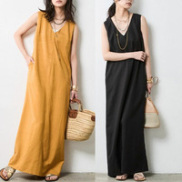 レーヨン麻Vネックロングワンピース　大きいサイズ　シックスタイル