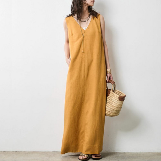レーヨン麻Vネックロングワンピース 大きいサイズ シックスタイル【アリノマ/Alinoma】 レーヨン麻Vネックロングワンピース 大きいサイズ シックスタイル【アリノマ/Alinoma】