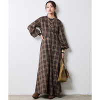 チェックパフスリーブロングワンピース 大きいサイズ　シックスタイル