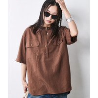 レーヨン麻衿リブハーフスリーブブラウス 大きいサイズ　シックスタイル