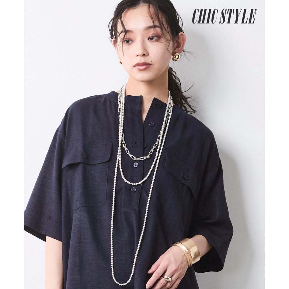 レーヨン麻衿リブハーフスリーブブラウス 大きいサイズ シックスタイル1