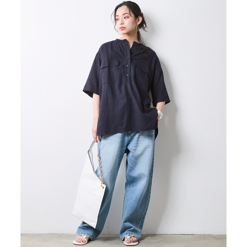 レーヨン麻衿リブハーフスリーブブラウス 大きいサイズ シックスタイル24