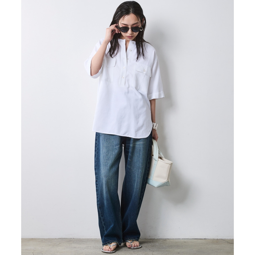 レーヨン麻衿リブハーフスリーブブラウス 大きいサイズ シックスタイル28