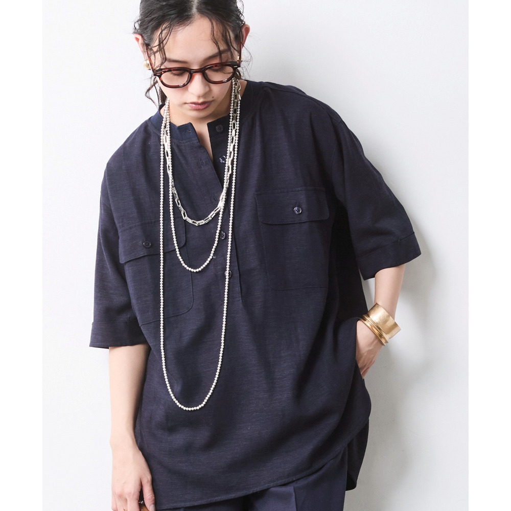 レーヨン麻衿リブハーフスリーブブラウス 大きいサイズ シックスタイル1