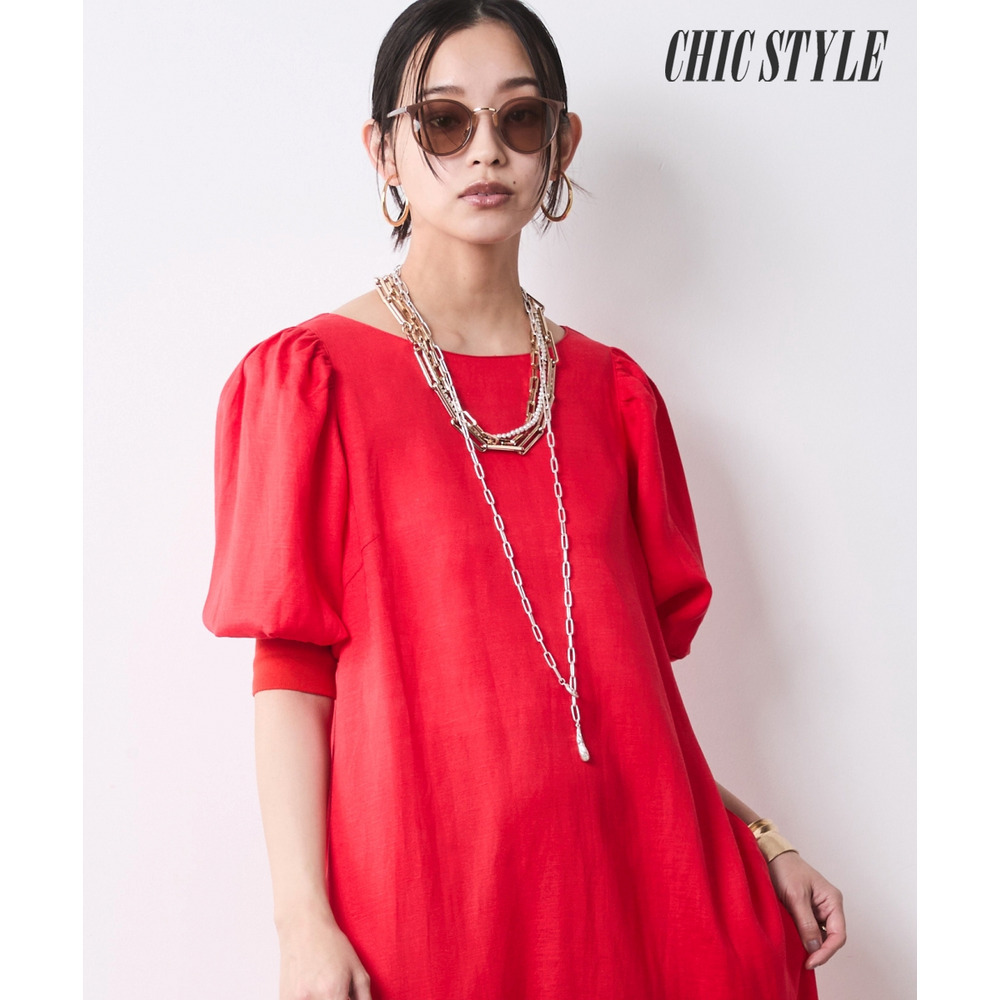 レーヨン麻パフスリーブロングワンピース 大きいサイズ　シックスタイル