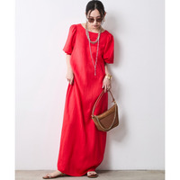 レーヨン麻パフスリーブロングワンピース 大きいサイズ　シックスタイル