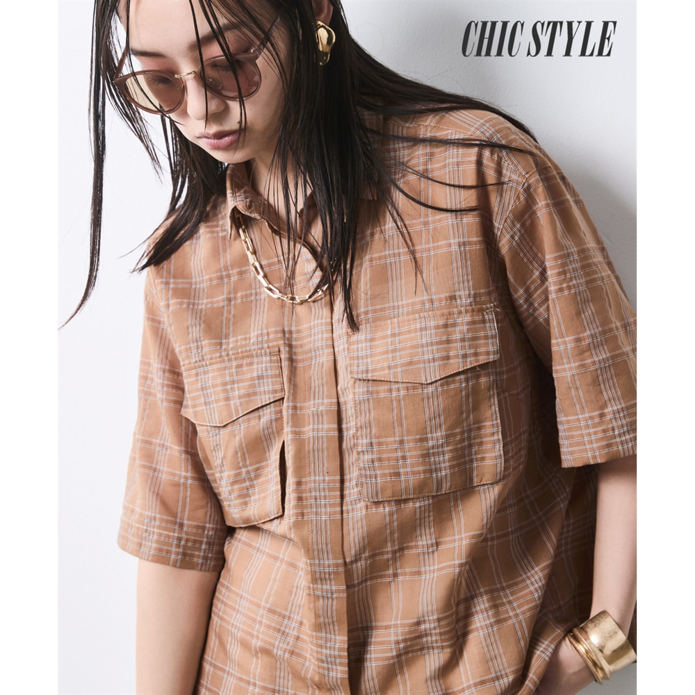 シアーチェックショート丈ブラウス 大きいサイズ　シックスタイル