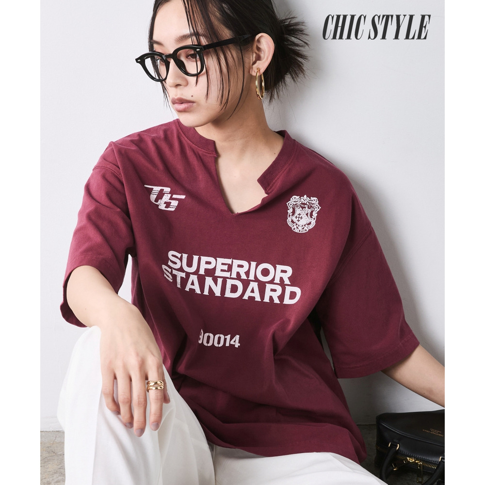 綿100％スリットネックプリントTシャツ 大きいサイズ　シックスタイル