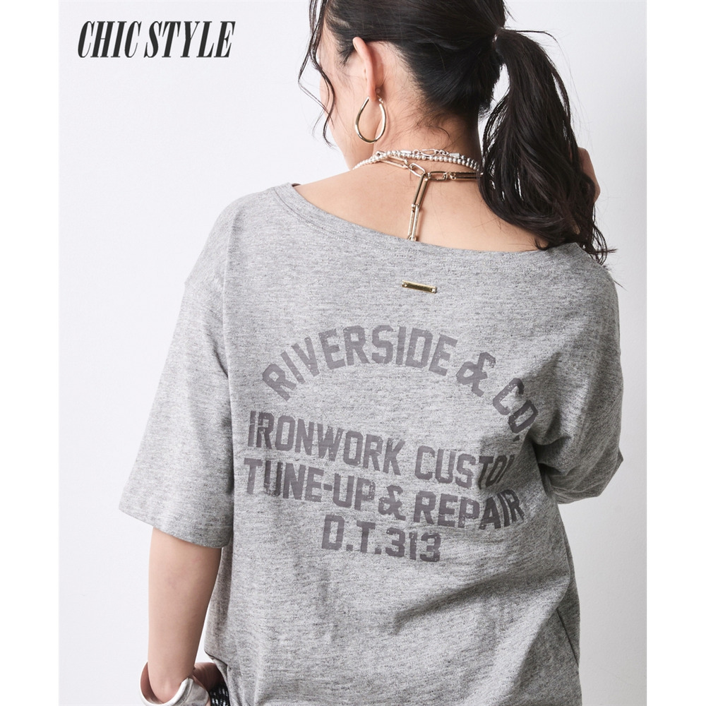 綿100％ボートネックロゴプリントTシャツ 大きいサイズ　シックスタイル