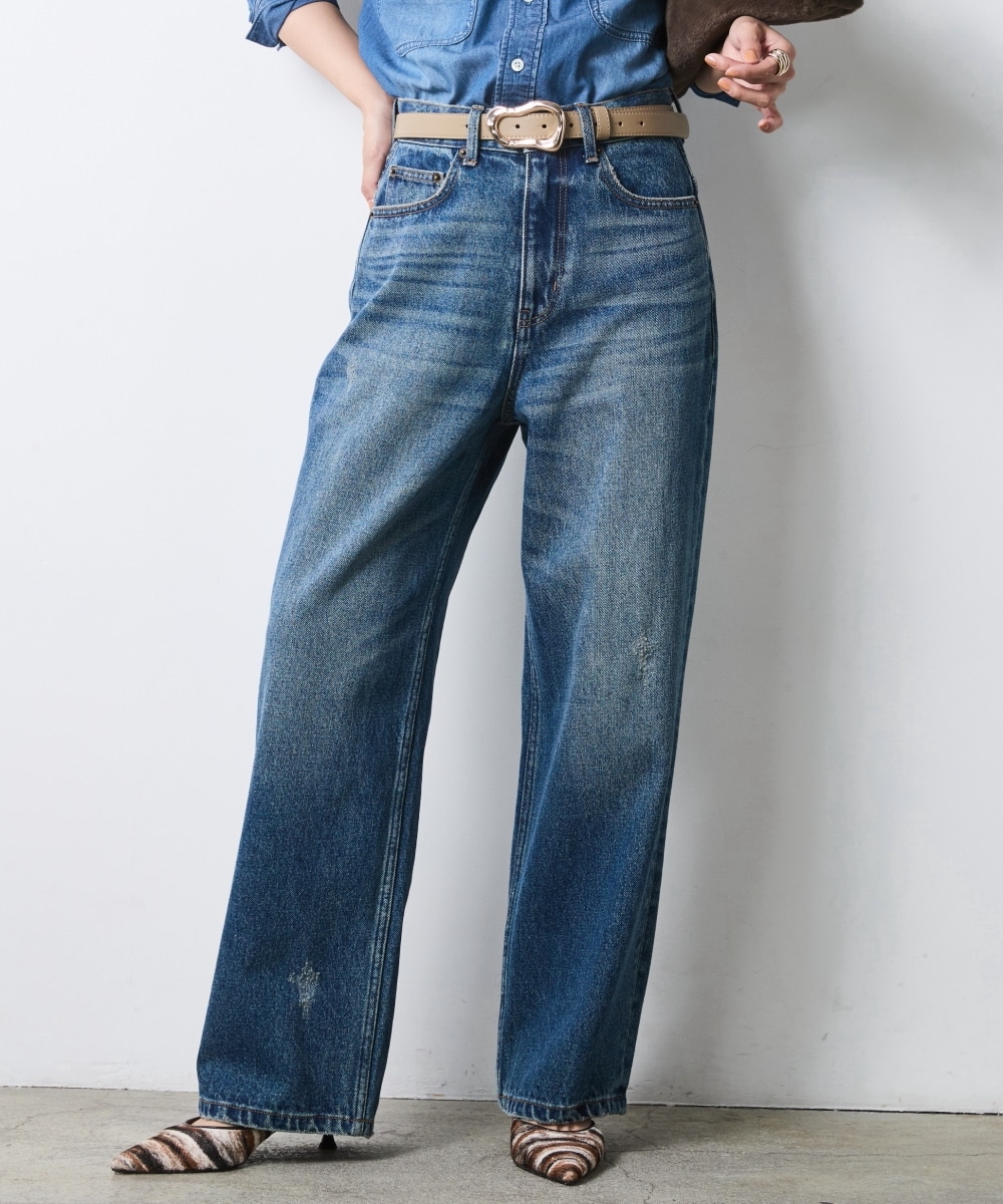 綿100％ヴィンテージ加工ワイドストレートデニムパンツ　大きいサイズ　シックスタイル