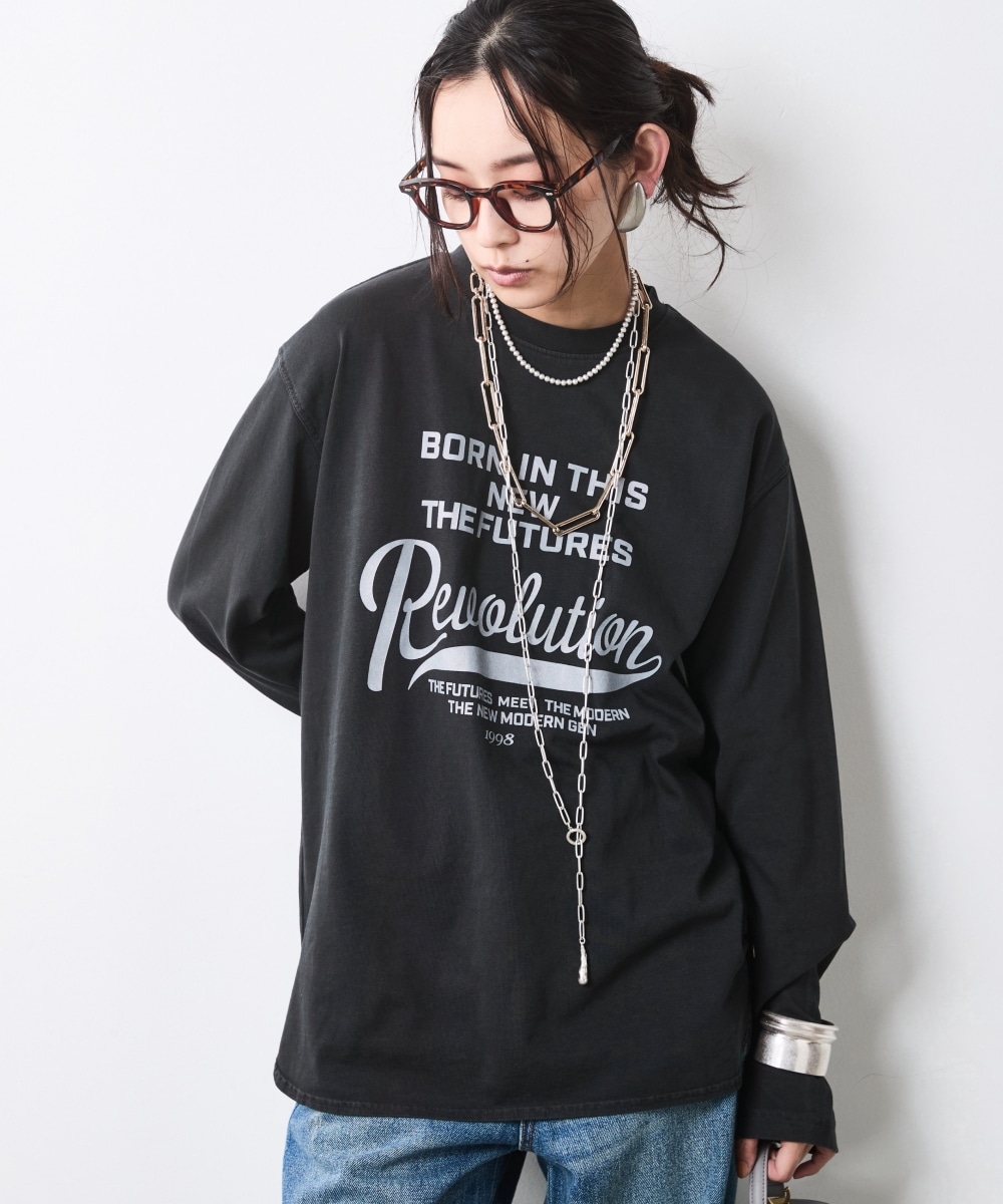 綿100%ピグメント染ロングスリーブロゴプリントTシャツ 大きいサイズ シックスタイル1