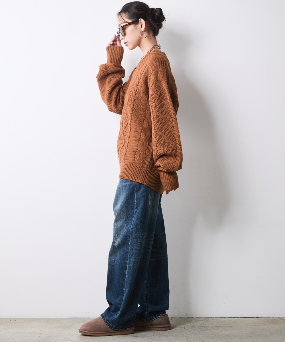 ケーブル編Vネックニットプルオーバー 大きいサイズ シックスタイル18