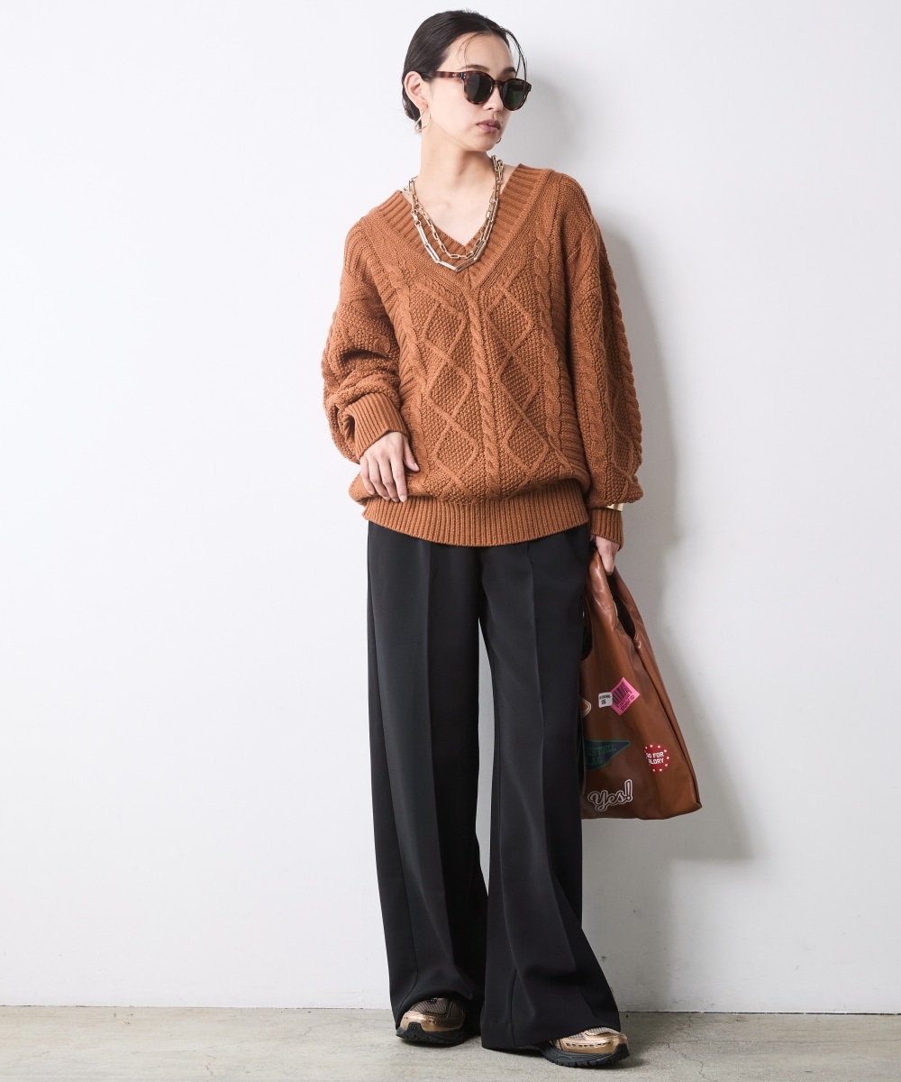 ケーブル編Vネックニットプルオーバー 大きいサイズ シックスタイル27