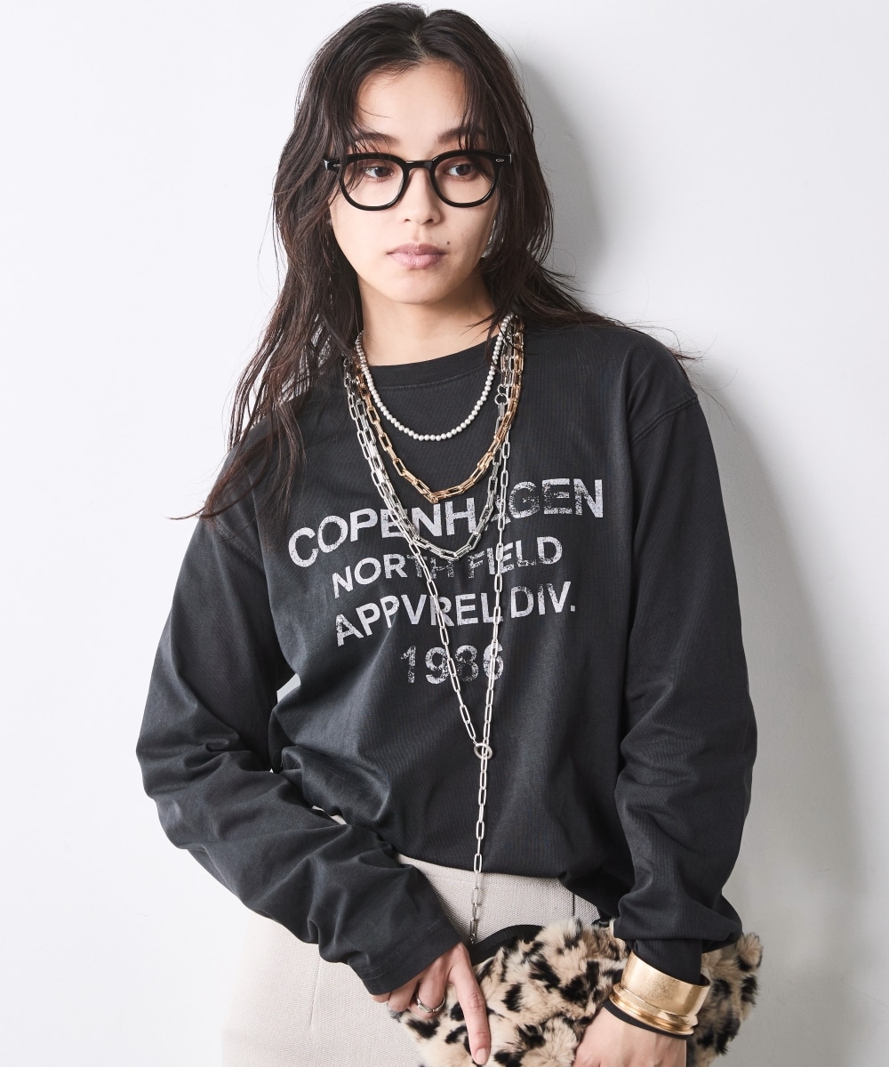 ピグメント染綿100%ロゴプリントロングスリーブTシャツ 大きいサイズ シックスタイル1