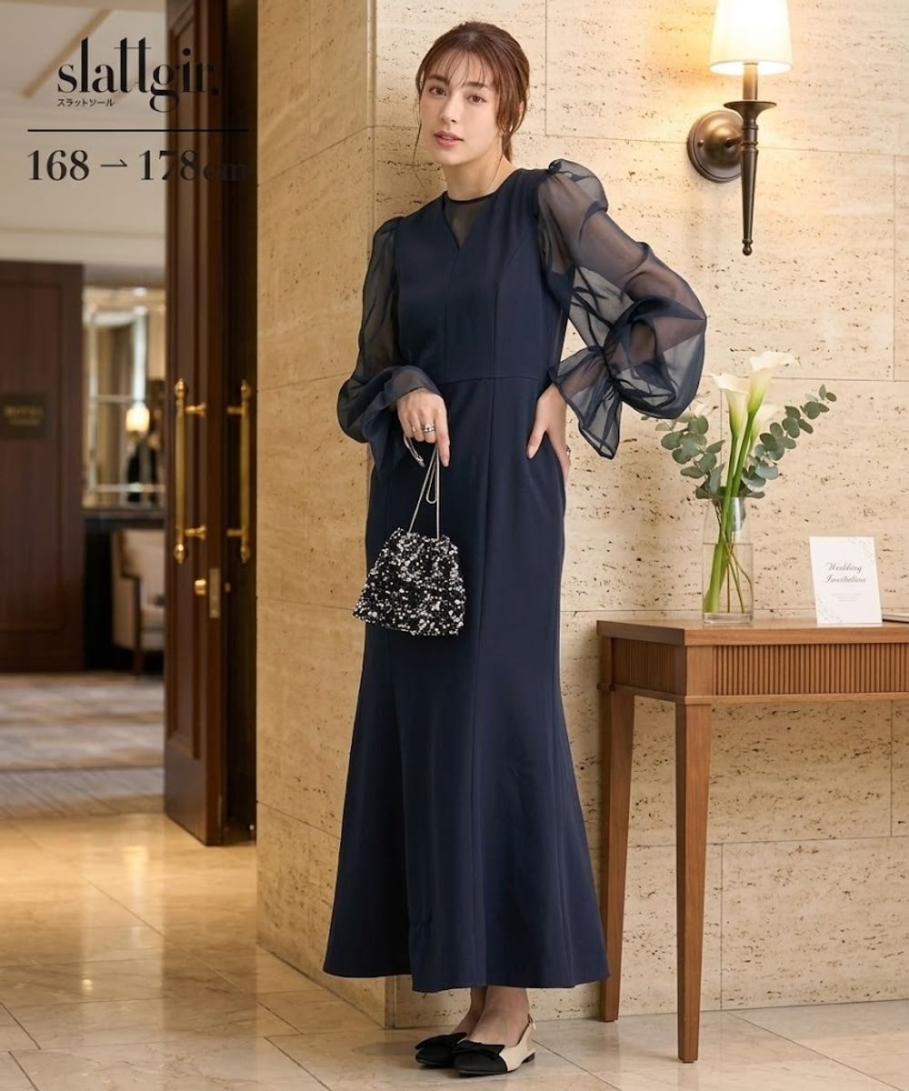 高身長【結婚式・パーティー・オケージョンドレス】シアーブラウス+マーメイドジャンパースカート2点セット(トールサイズ)