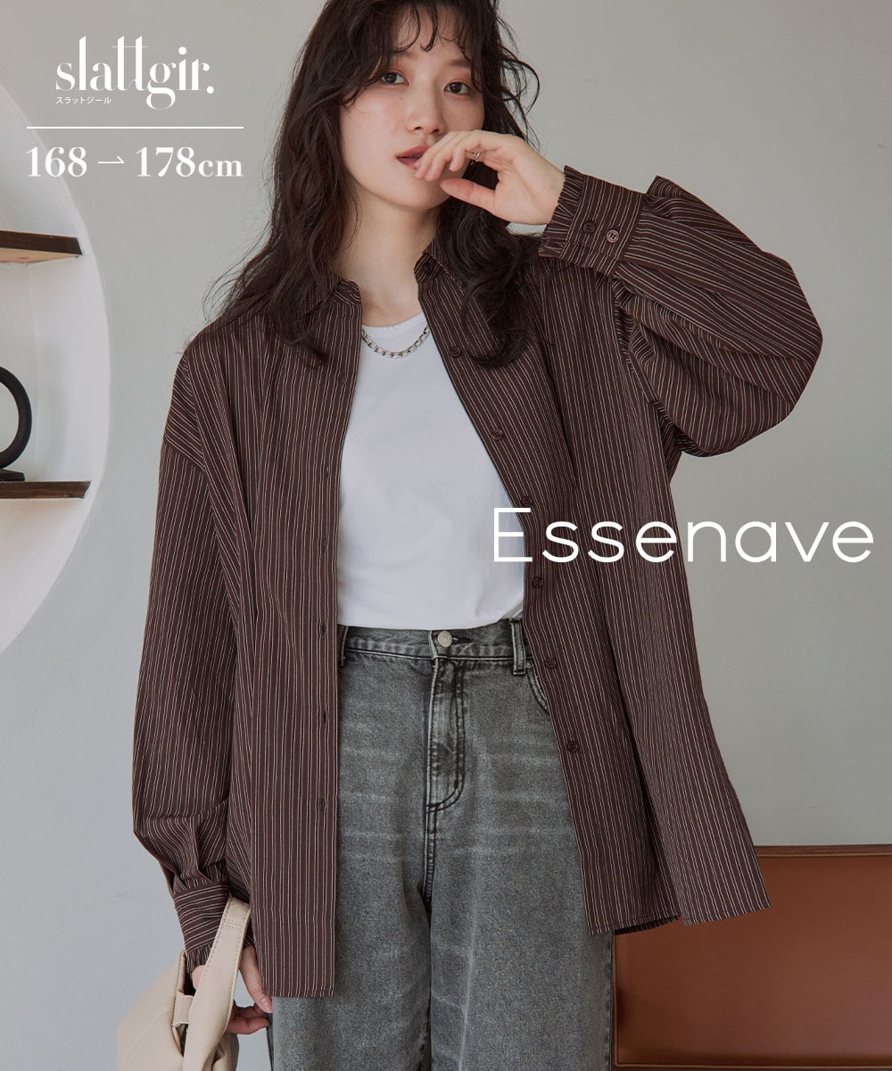 高身長　ウエストタックストライプシャツ（トールサイズ）Essenave