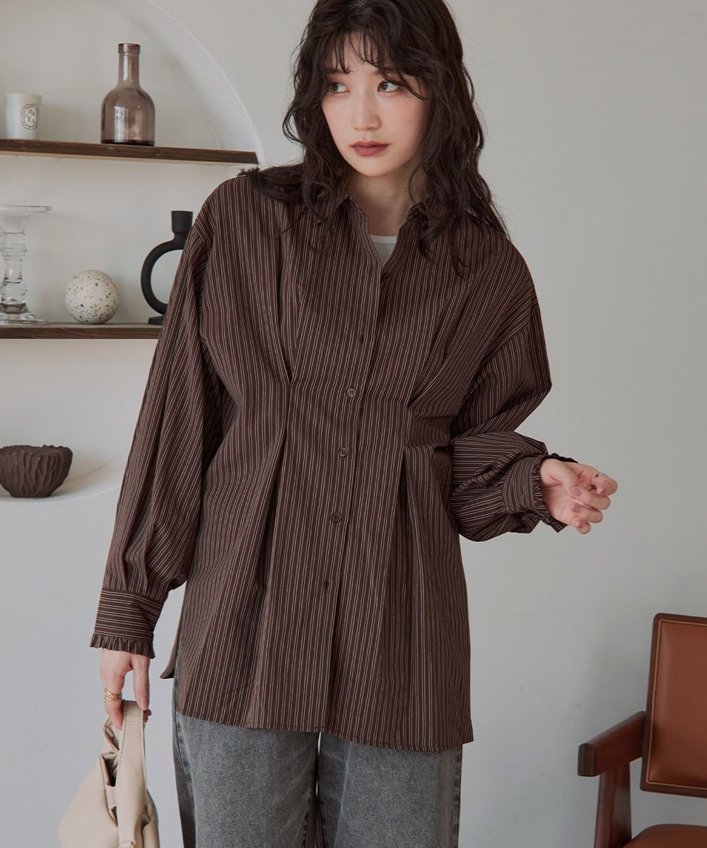 高身長 ウエストタックストライプシャツ(トールサイズ)Essenave15