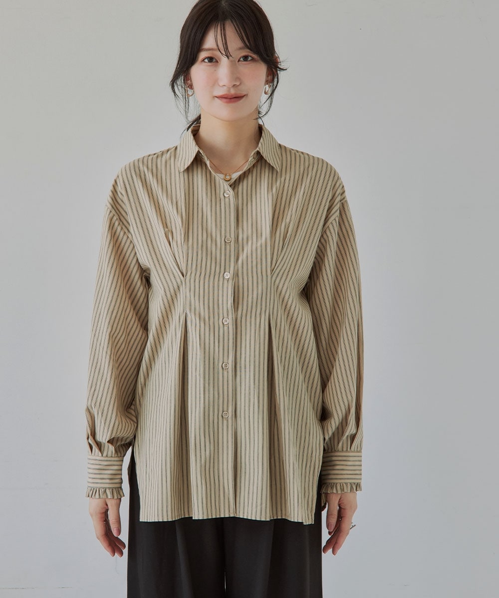 高身長 ウエストタックストライプシャツ(トールサイズ)Essenave22