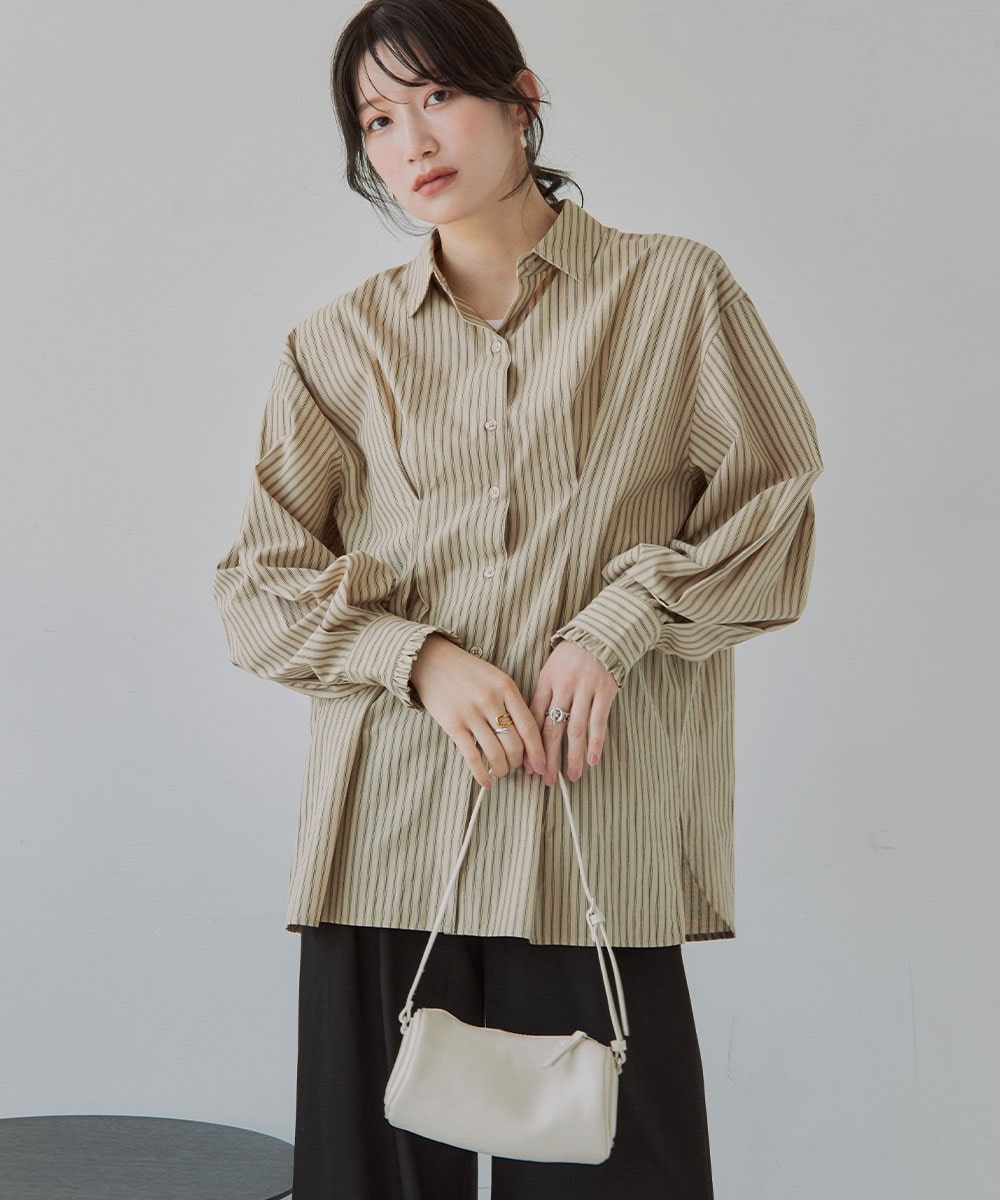 高身長 ウエストタックストライプシャツ(トールサイズ)Essenave5