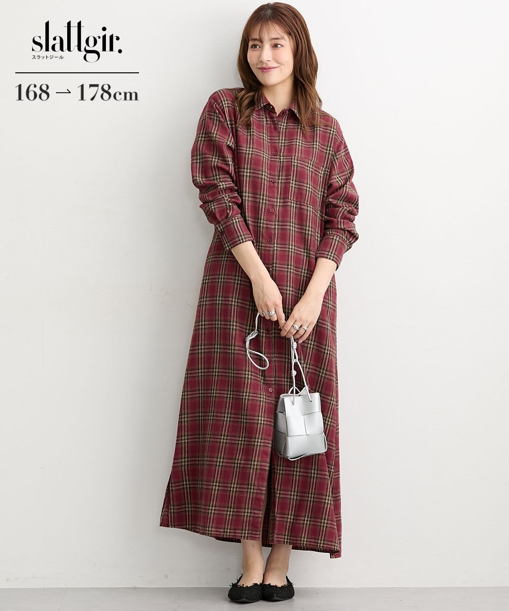 高身長　表面起毛チェックシャツロングワンピース（トールサイズ）