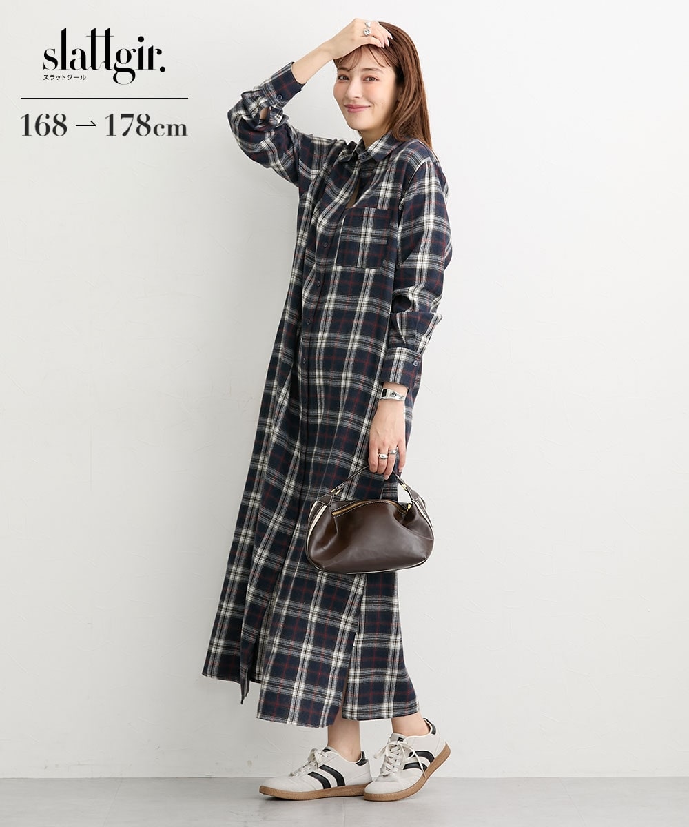 高身長　表面起毛チェックシャツロングワンピース（トールサイズ）