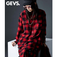 リボン付ブロックチェックシャツマキシワンピース　大きいサイズ　GEVS.