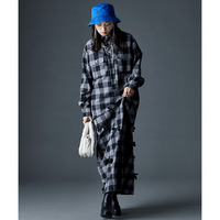 リボン付ブロックチェックシャツマキシワンピース　大きいサイズ　GEVS.