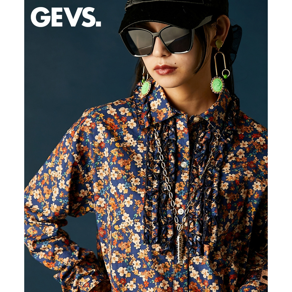 フラワープリントフリルブラウス 大きいサイズ　GEVS.