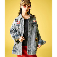 綿100％ワッペン付ワイドシルエットデニムジャケット 大きいサイズ　GEVS.