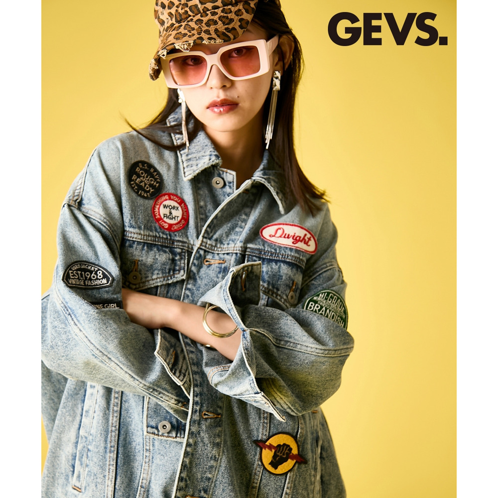 綿100%ワッペン付ワイドシルエットデニムジャケット 大きいサイズ GEVS.1
