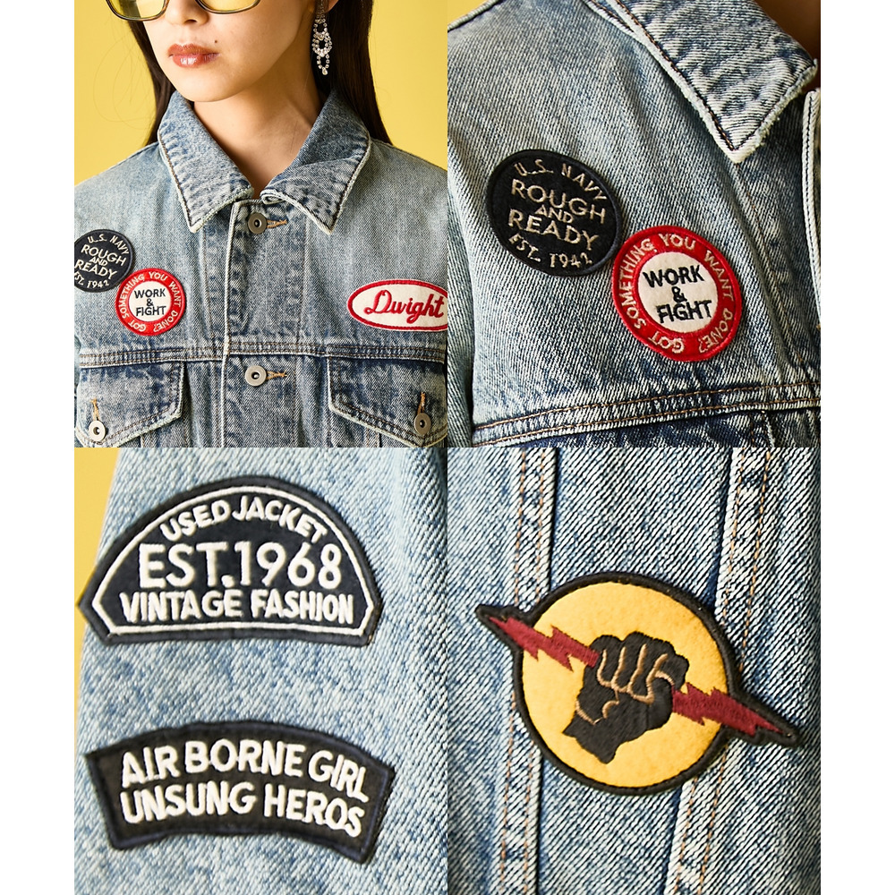 綿100%ワッペン付ワイドシルエットデニムジャケット 大きいサイズ GEVS.12