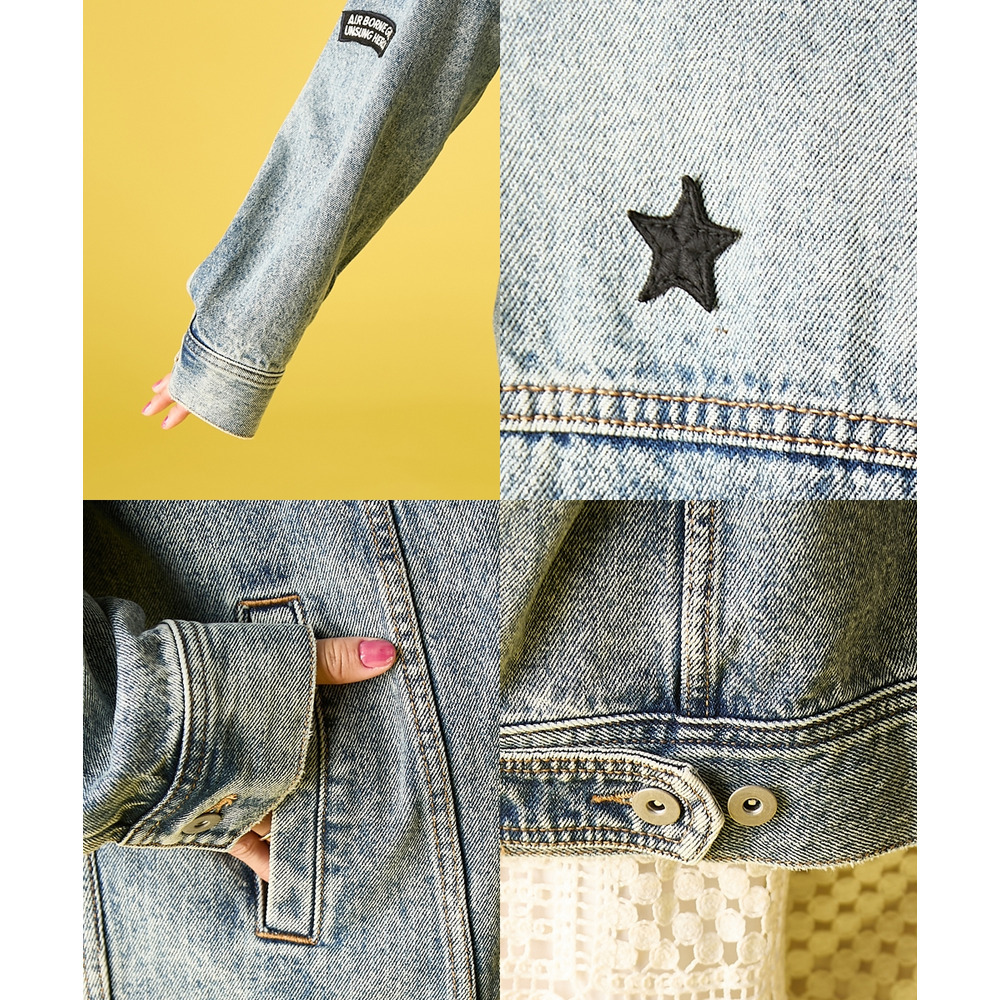 綿100%ワッペン付ワイドシルエットデニムジャケット 大きいサイズ GEVS.14