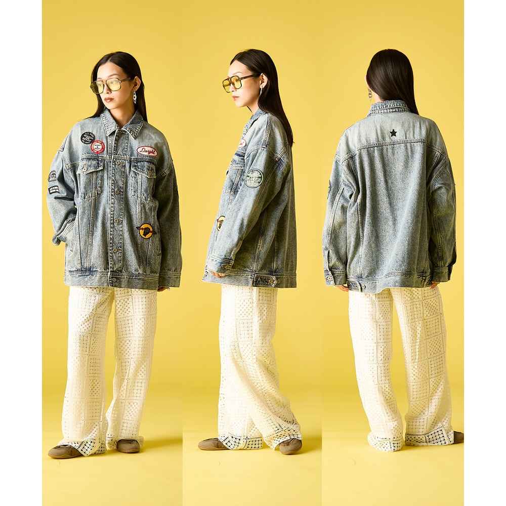 綿100%ワッペン付ワイドシルエットデニムジャケット 大きいサイズ GEVS.16