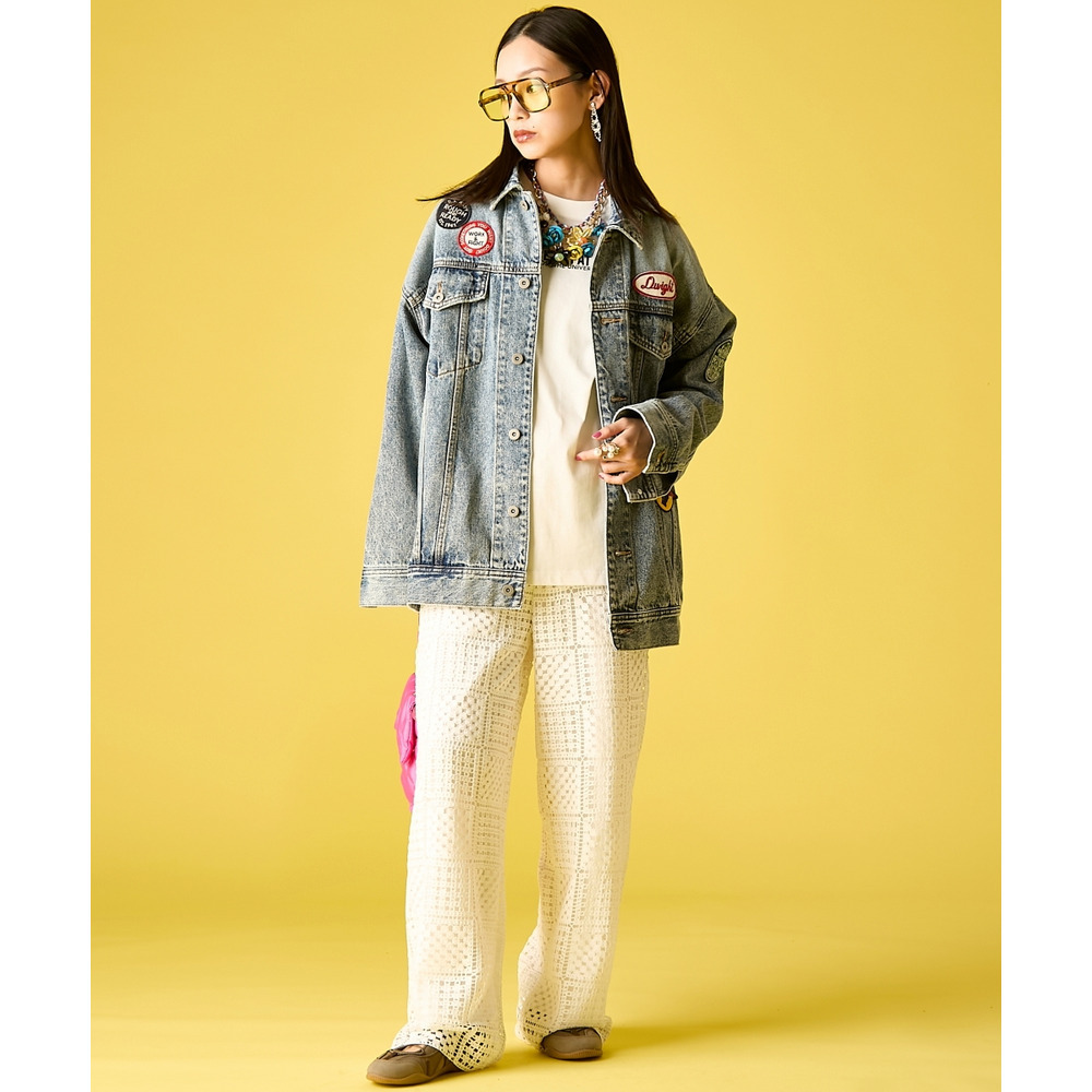 綿100%ワッペン付ワイドシルエットデニムジャケット 大きいサイズ GEVS.18