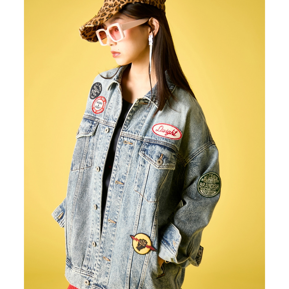 綿100%ワッペン付ワイドシルエットデニムジャケット 大きいサイズ GEVS.19