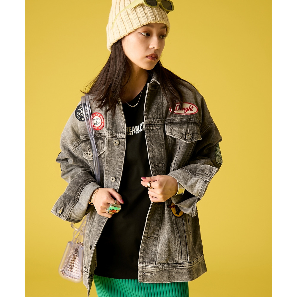 綿100%ワッペン付ワイドシルエットデニムジャケット 大きいサイズ GEVS.3