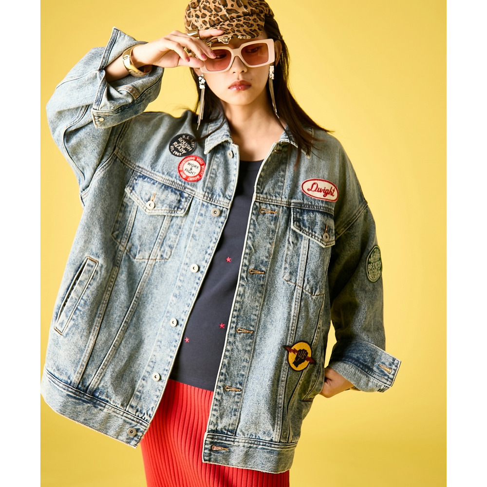 綿100%ワッペン付ワイドシルエットデニムジャケット 大きいサイズ GEVS.5