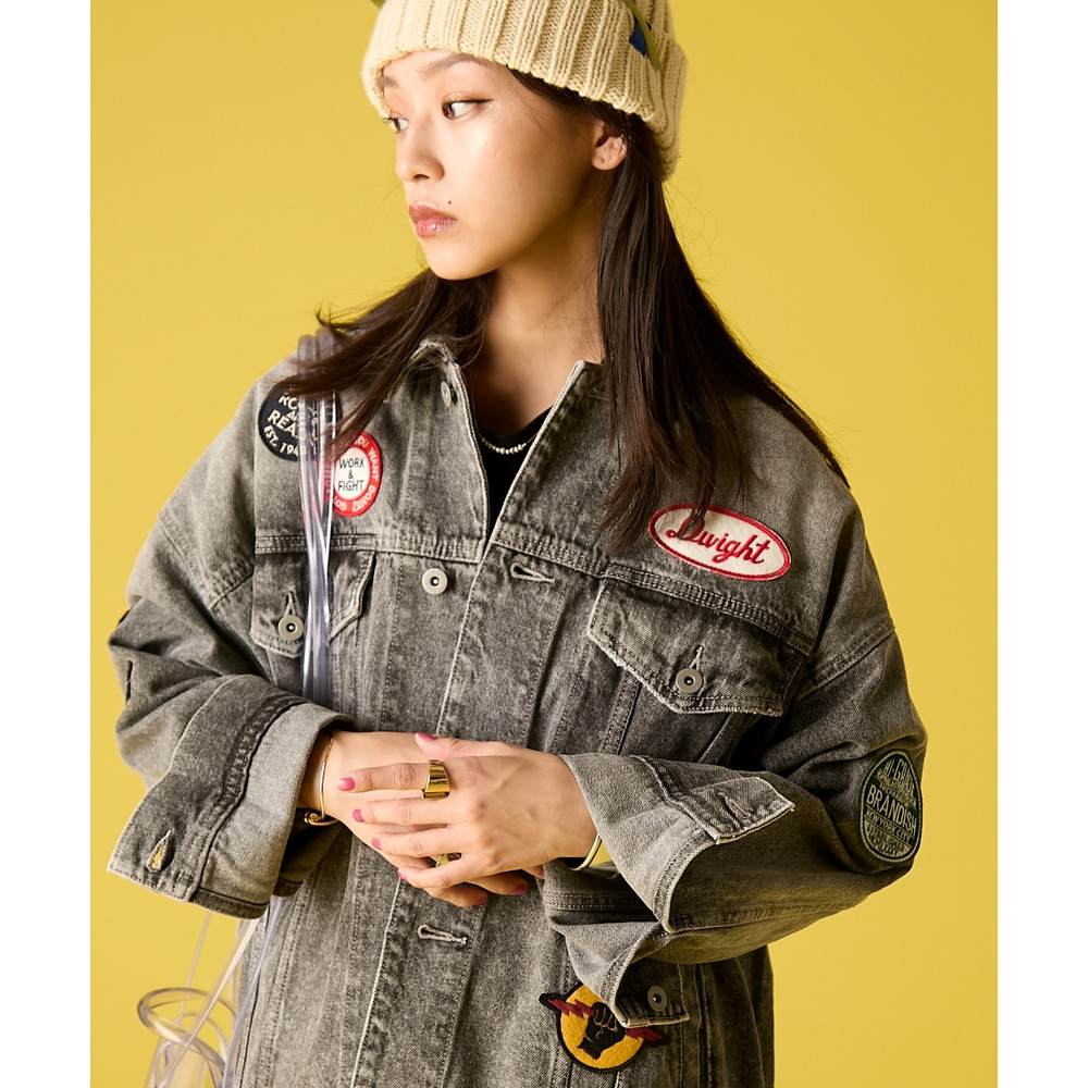 綿100%ワッペン付ワイドシルエットデニムジャケット 大きいサイズ GEVS.1