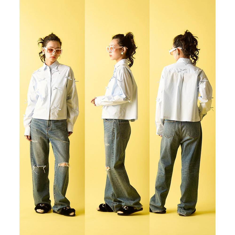 綿100%リボン付ショートシャツ 大きいサイズ GEVS.14