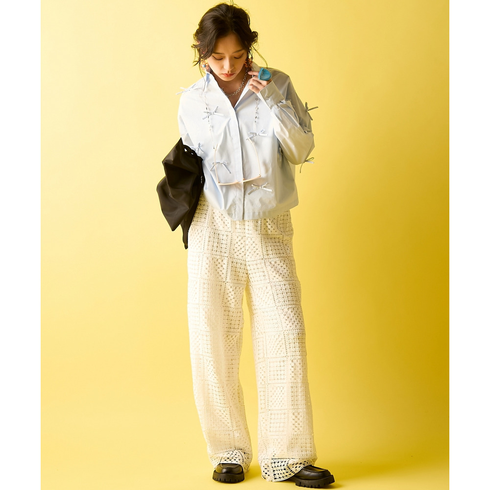 綿100%リボン付ショートシャツ 大きいサイズ GEVS.20