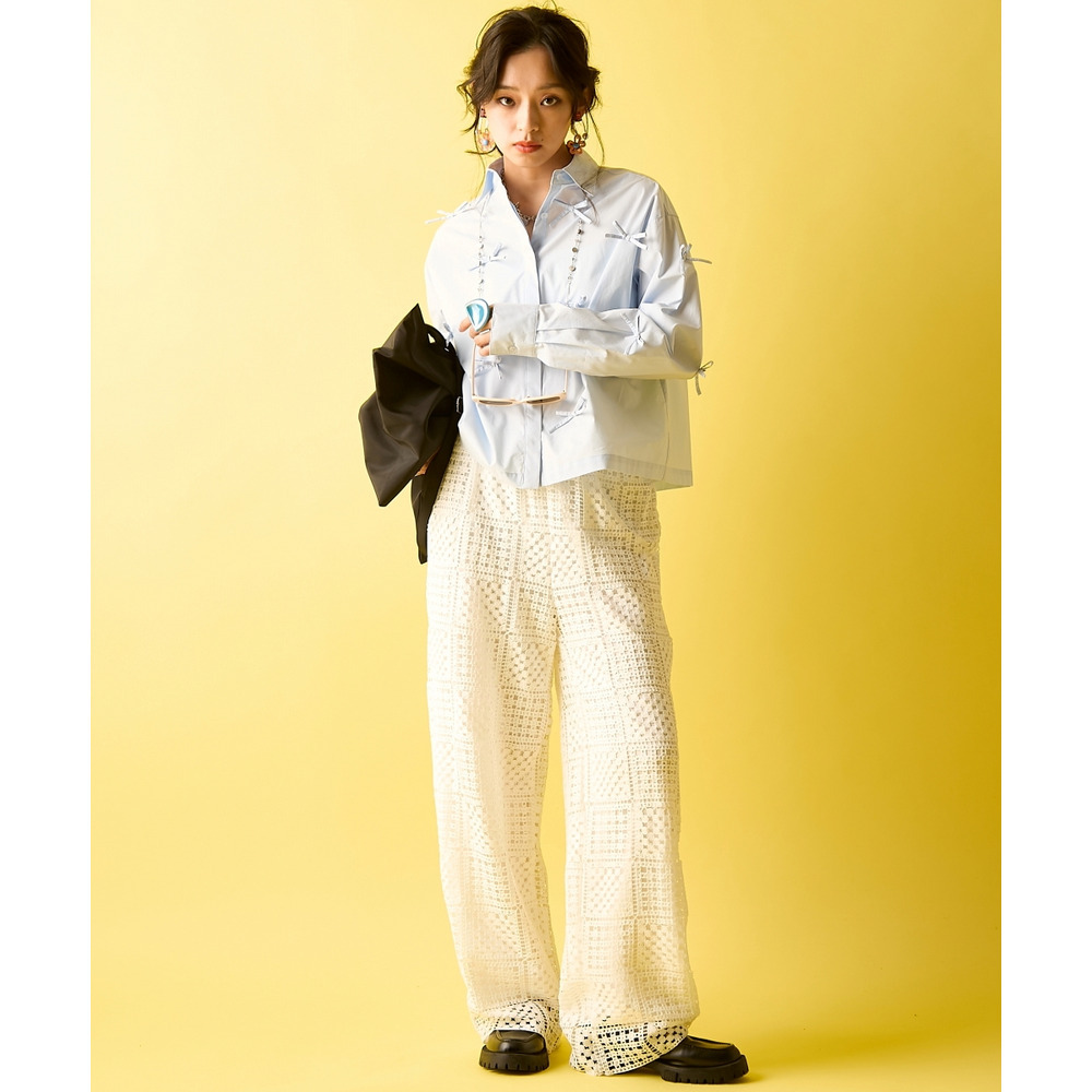 綿100%リボン付ショートシャツ 大きいサイズ GEVS.21