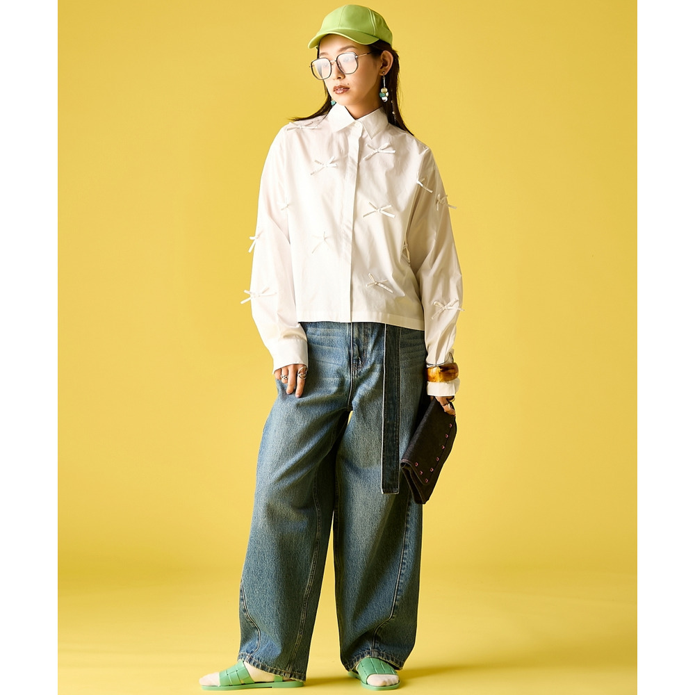 綿100%リボン付ショートシャツ 大きいサイズ GEVS.25